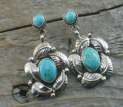 Native American Earrings -Turquoise & Leaf 